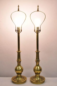 Vintage Stiffel Hollywood Regency Brass Bulbous Column Table Lamps - a Pair