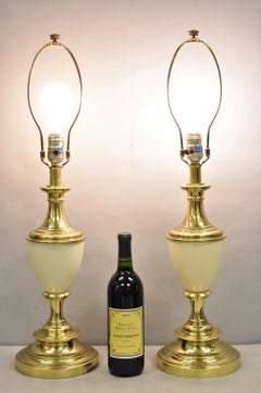 Vintage Stiffel Hollywood Regency Cream Enamel Brass Urn Table Lamps - a Pair