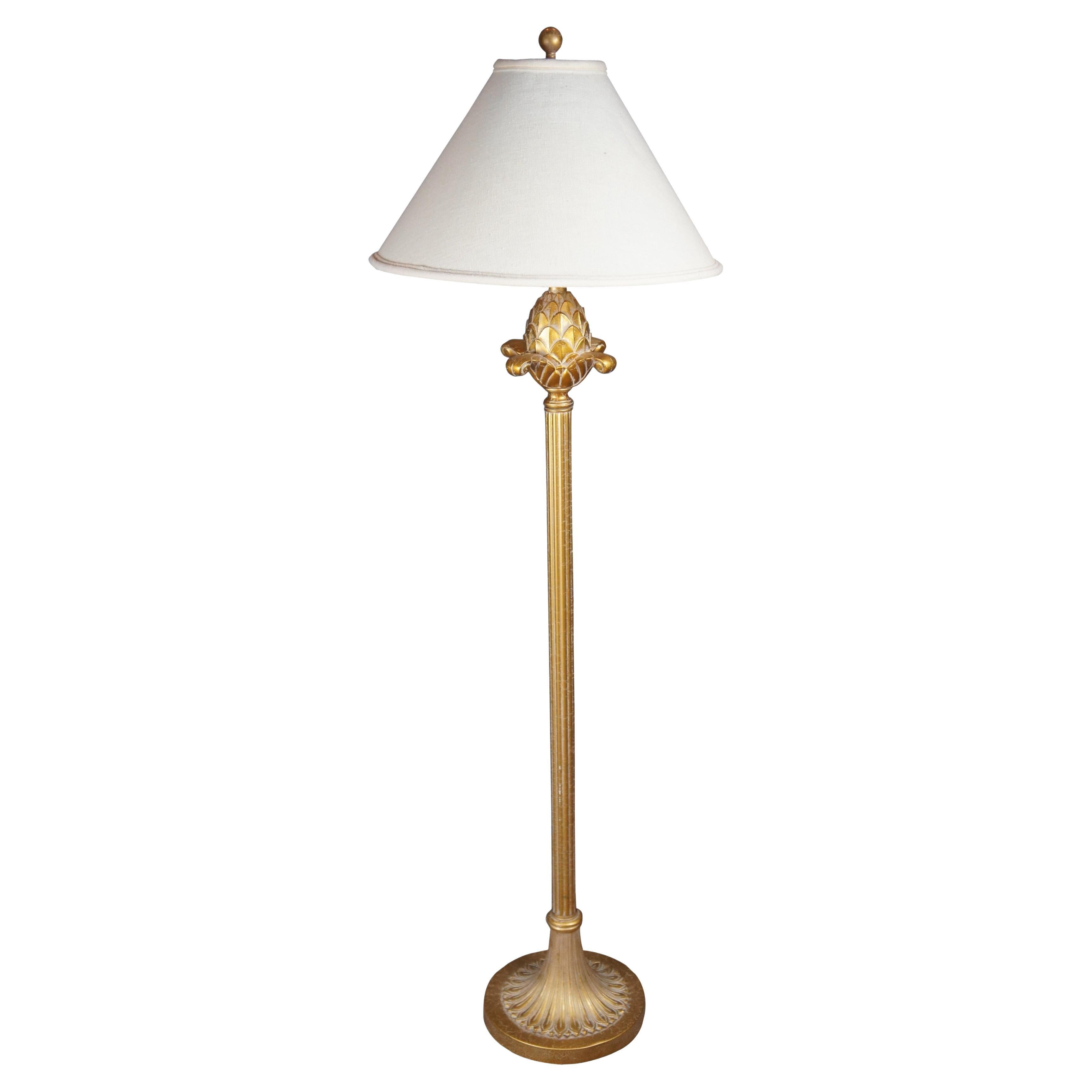 Vintage Stiffel Hollywood Regency Gold Pineapple Modern Floor Lamp & Shade 52" For Sale