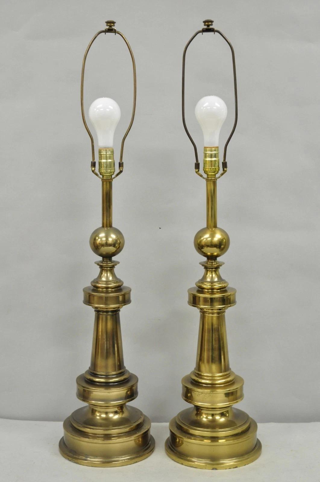Vintage Stiffel Neoclassical Brass Cannonball Column Table Lamps - a Pair For Sale 6