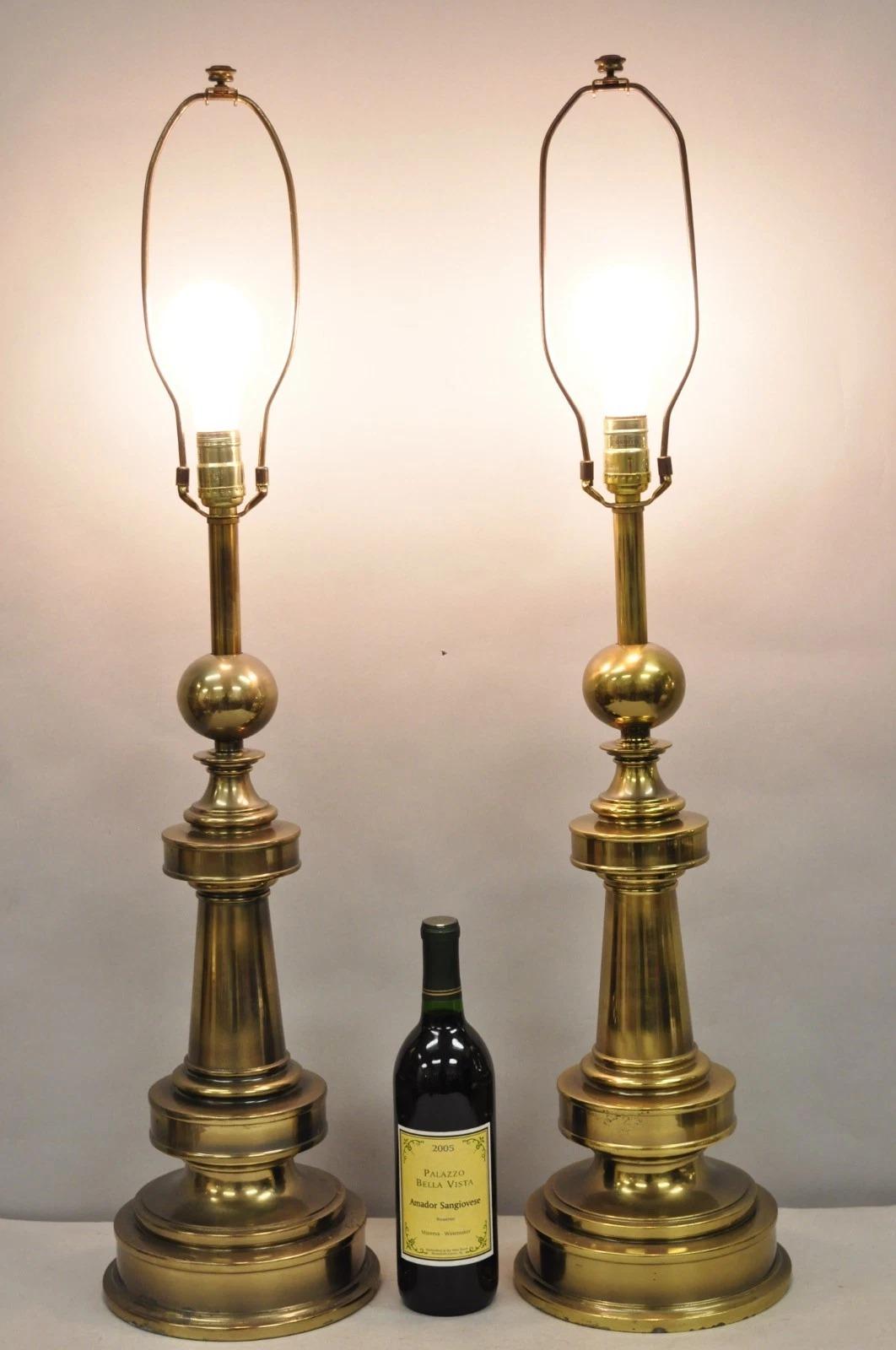 Vintage Stiffel Neoclassical Brass Cannonball Column Table Lamps - a Pair. Circa Late 20th Century. Measurements: 36