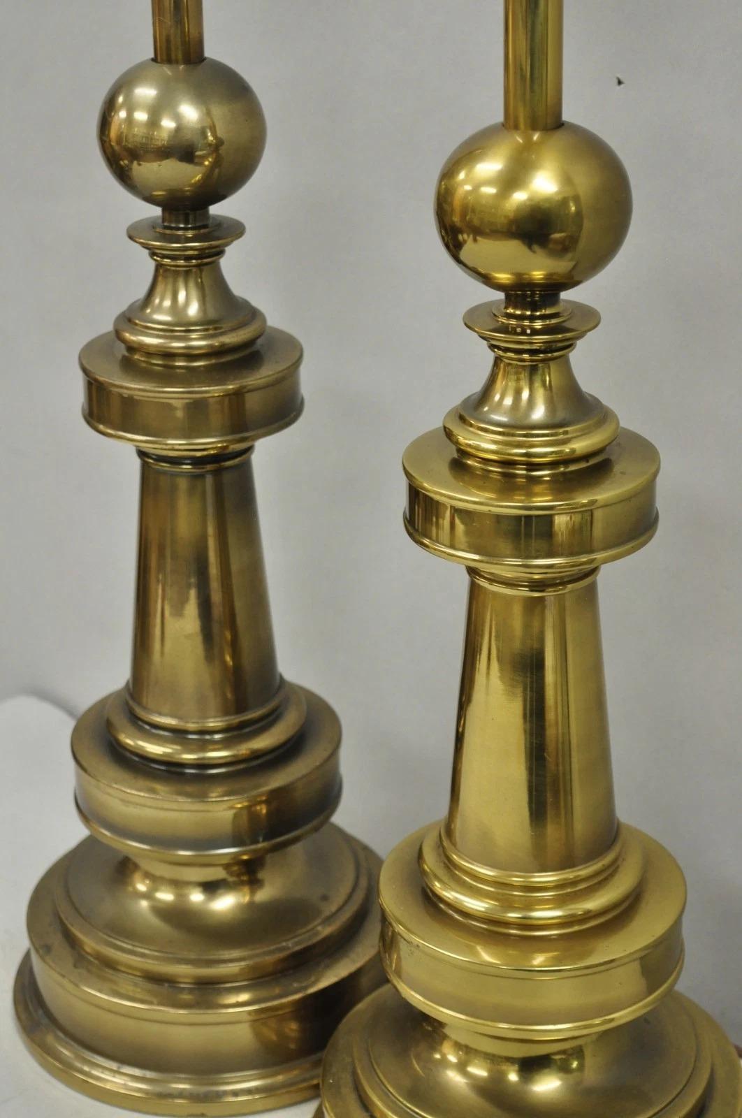 20th Century Vintage Stiffel Neoclassical Brass Cannonball Column Table Lamps - a Pair For Sale