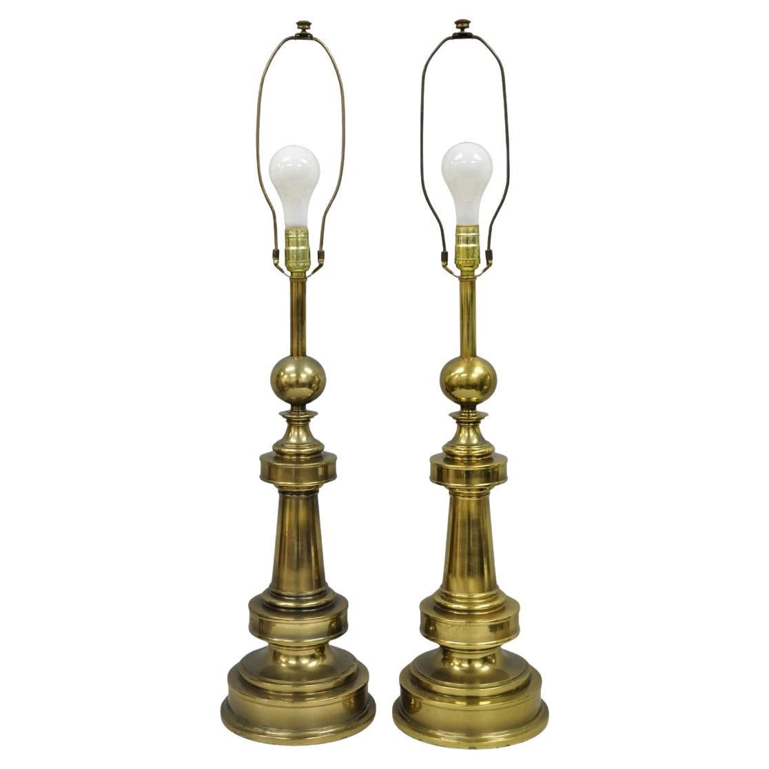 Vintage Stiffel Neoclassical Brass Cannonball Column Table Lamps - a Pair
