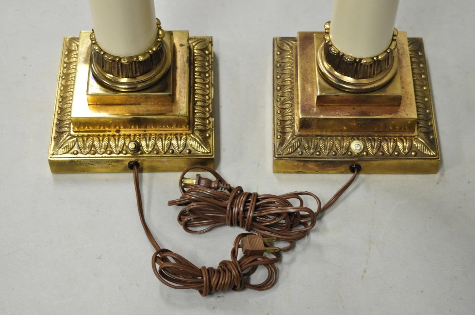 Vintage Stiffel Neoclassical Tall White Enamel Column Brass Table Lamps - a Pair For Sale 4