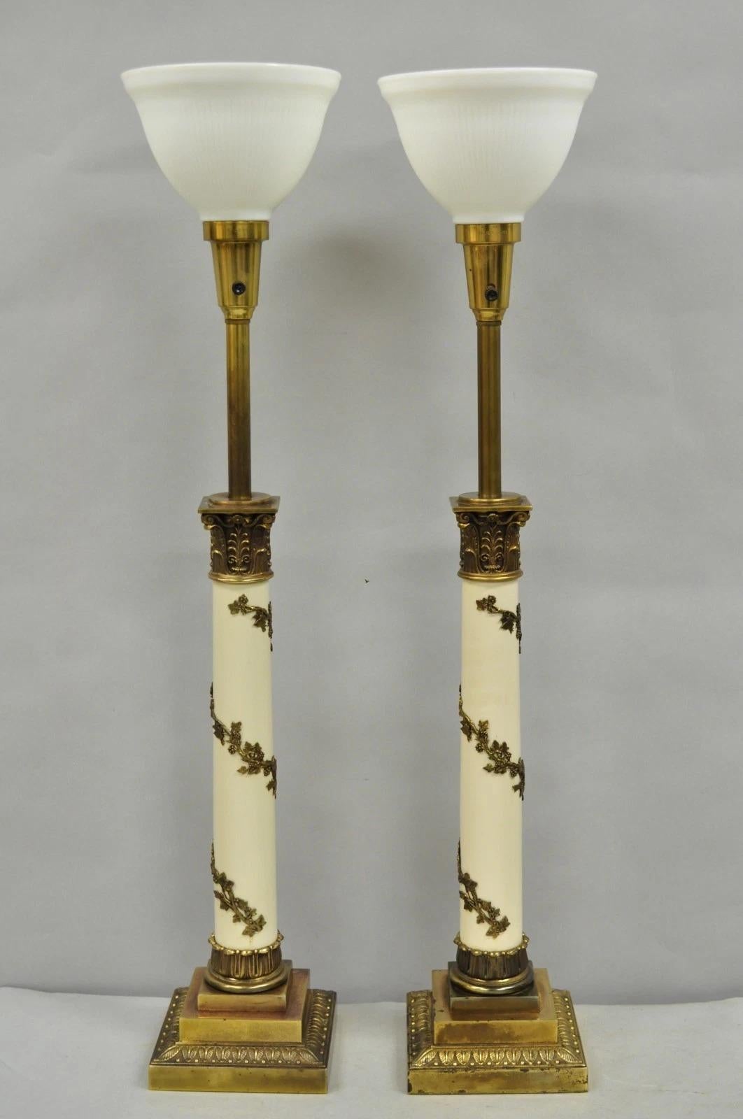 Vintage Stiffel Neoclassical Tall White Enamel Column Brass Table Lamps - a Pair For Sale 6