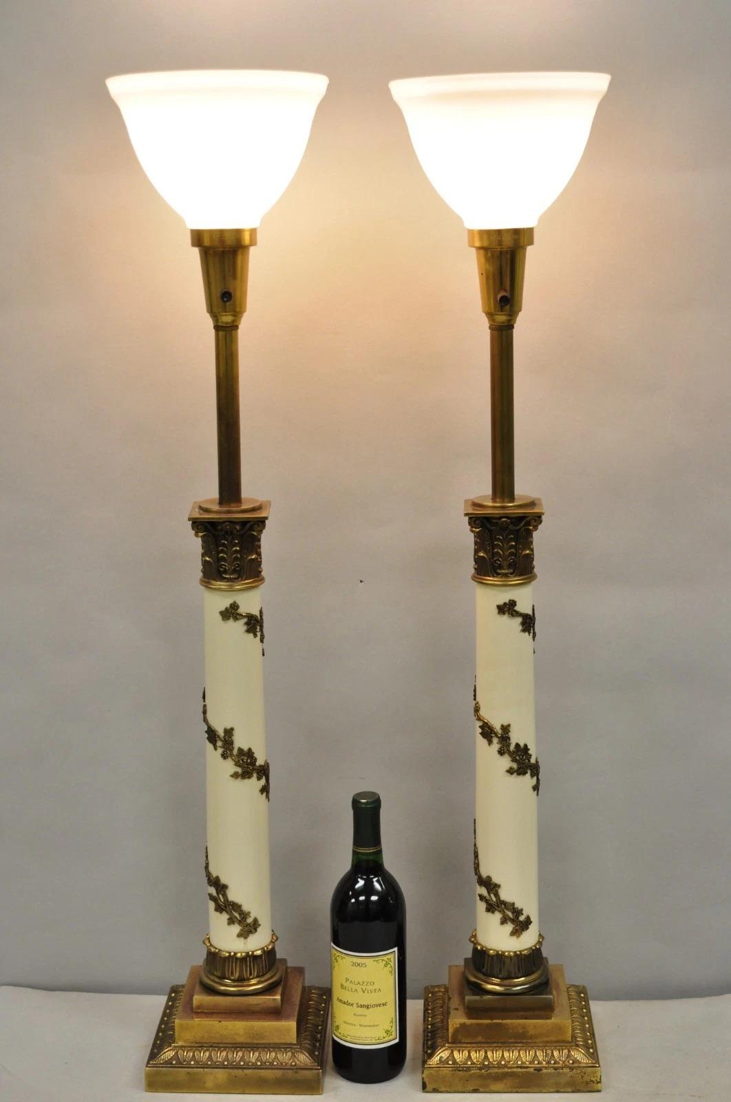 Vintage Stiffel Neoclassical Tall White Enamel Decorated Column Brass Table Lamps - a Pair. Circa Mid 20th Century. Measurements: 38