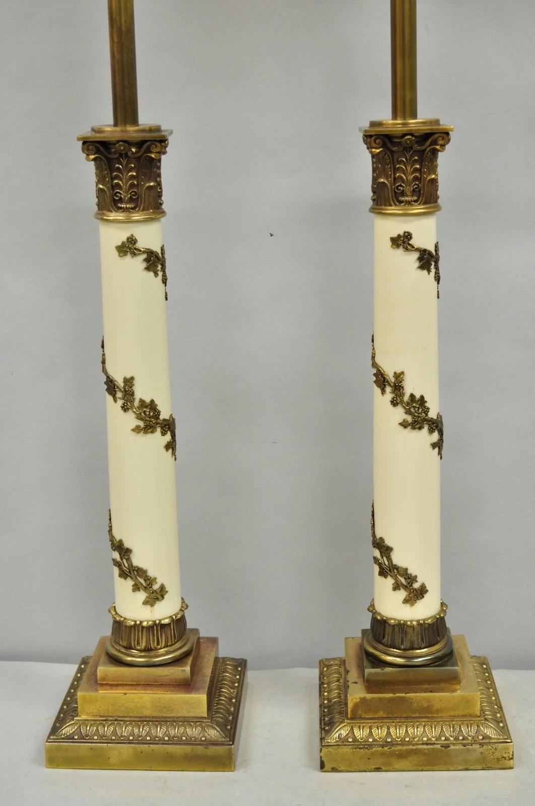 Unknown Vintage Stiffel Neoclassical Tall White Enamel Column Brass Table Lamps - a Pair For Sale