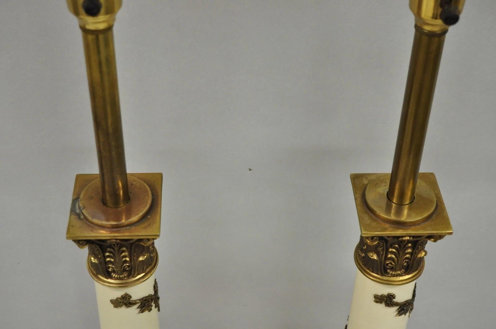 20th Century Vintage Stiffel Neoclassical Tall White Enamel Column Brass Table Lamps - a Pair For Sale