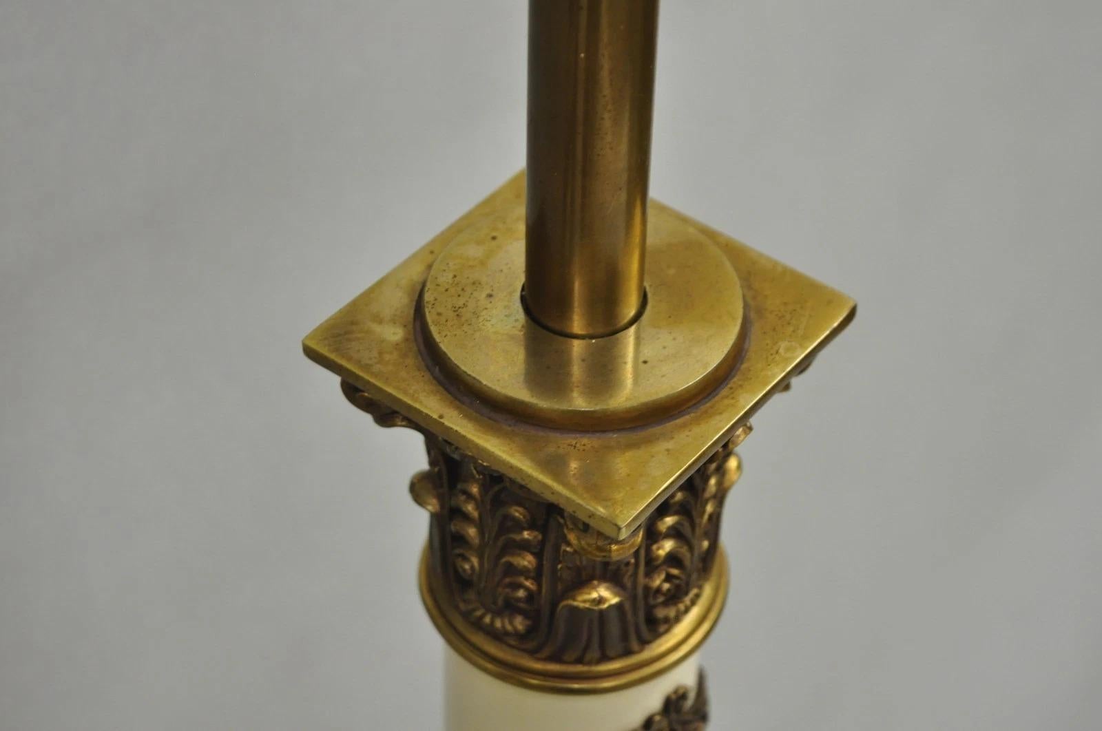 Metal Vintage Stiffel Neoclassical Tall White Enamel Column Brass Table Lamps - a Pair For Sale