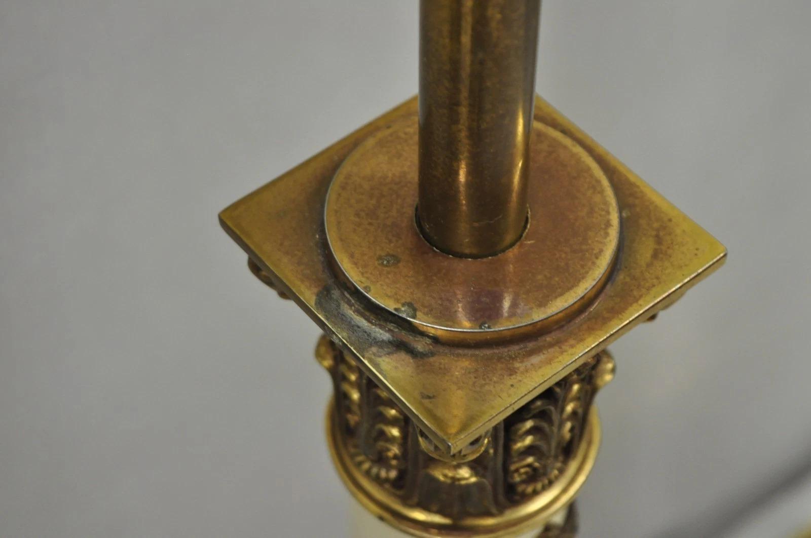 Vintage Stiffel Neoclassical Tall White Enamel Column Brass Table Lamps - a Pair For Sale 1
