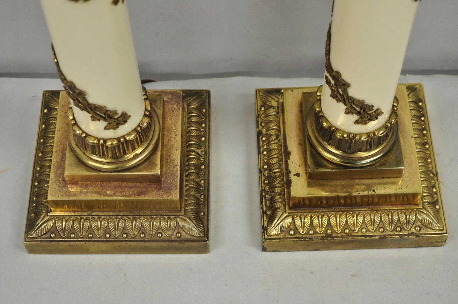 Vintage Stiffel Neoclassical Tall White Enamel Column Brass Table Lamps - a Pair For Sale 2