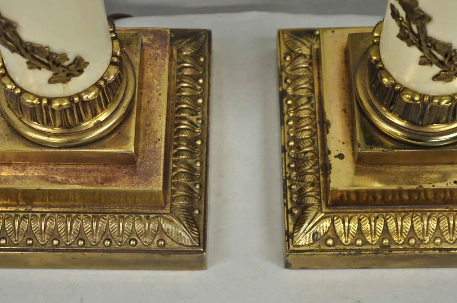 Vintage Stiffel Neoclassical Tall White Enamel Column Brass Table Lamps - a Pair For Sale 3