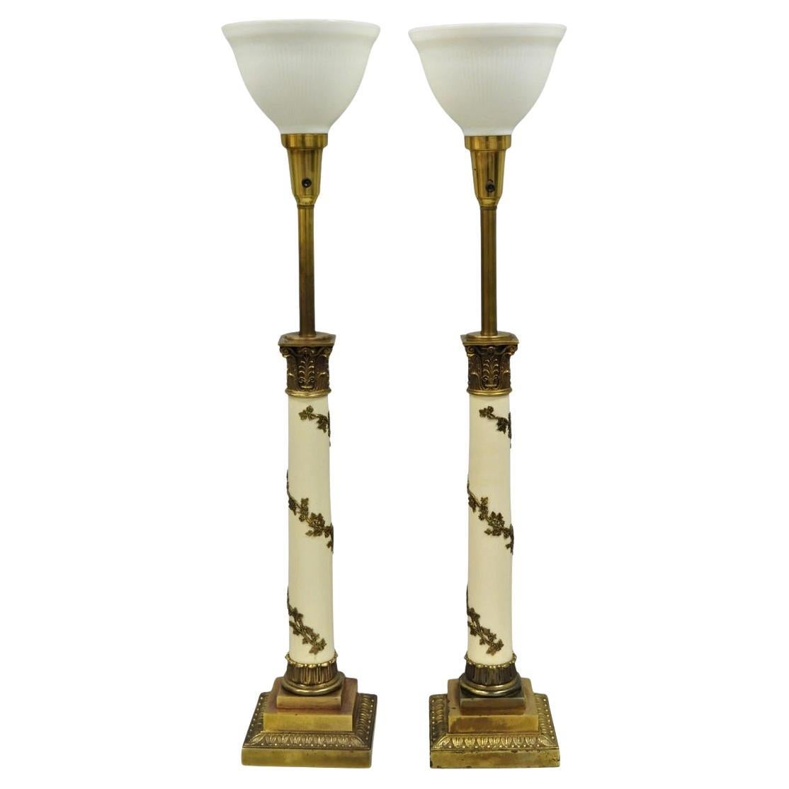 Vintage Stiffel Neoclassical Tall White Enamel Column Brass Table Lamps - a Pair For Sale