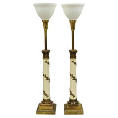 Vintage Stiffel Neoclassical Tall White Enamel Column Brass Table Lamps - a Pair