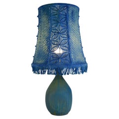 Vintage Stig Lindberg Style Pottery Lamp with Macramé Shade – Blue Tones