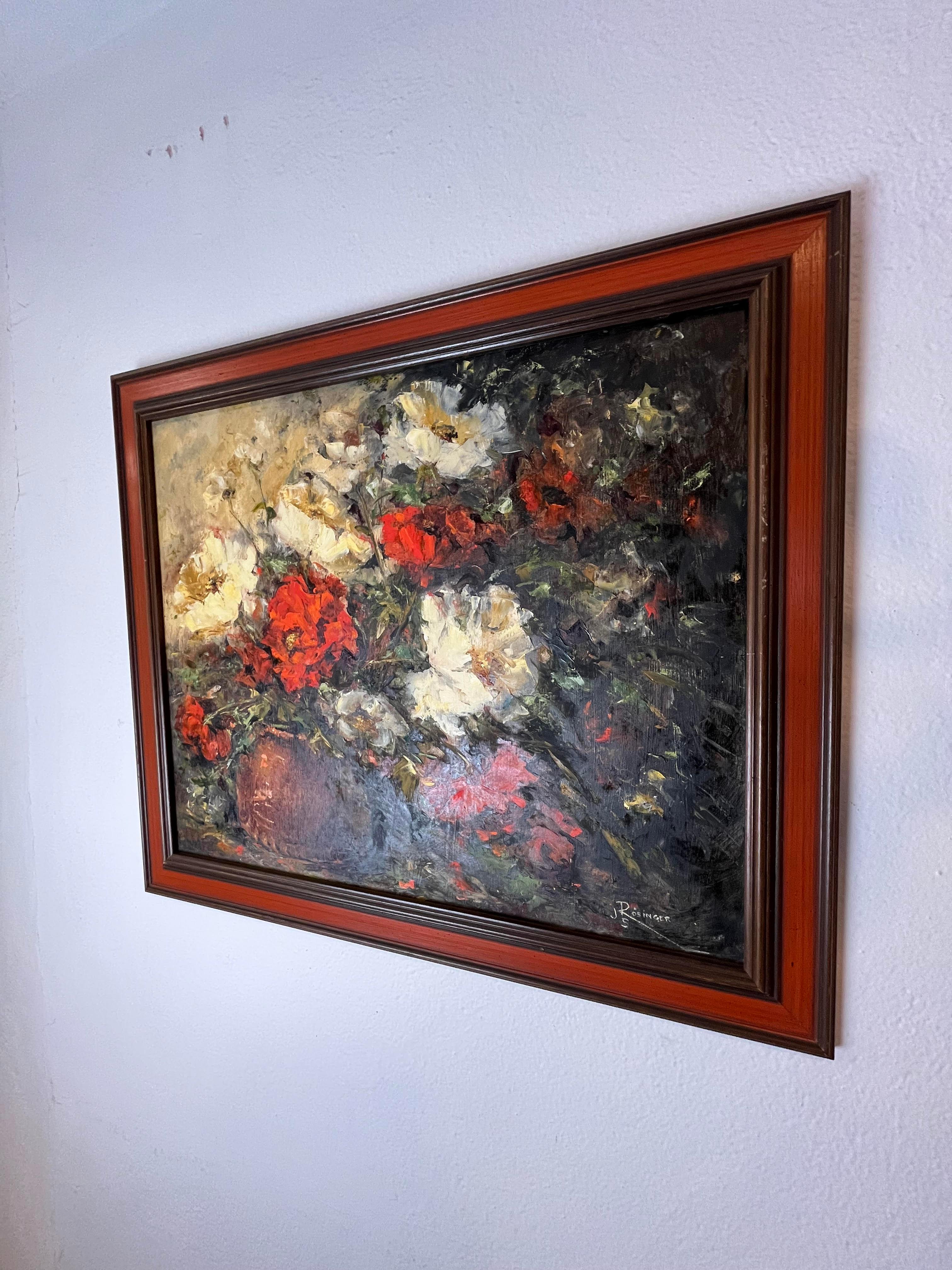 Beautiful floral bouquet still life. Oil on board. Dramatic color scheme framed in period mid century style. signed JS Rosinger
