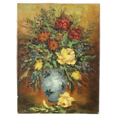 Vintage Still Life Flowers in Vase Amateur Painting Acrylic Paint