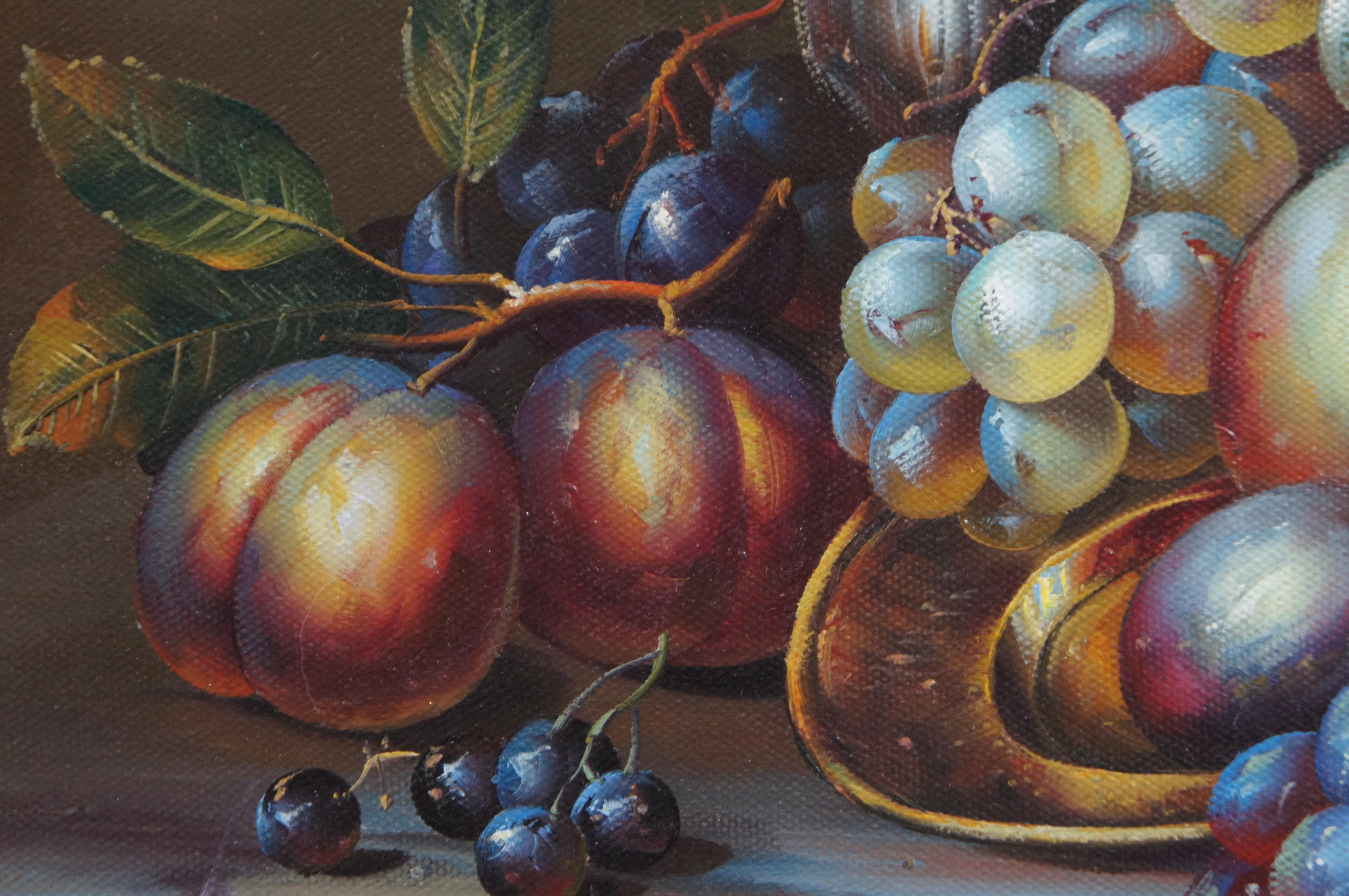 Vintage Still Life Fruit Grapes Wine Oil Painting on Canvas Gold Frame 27