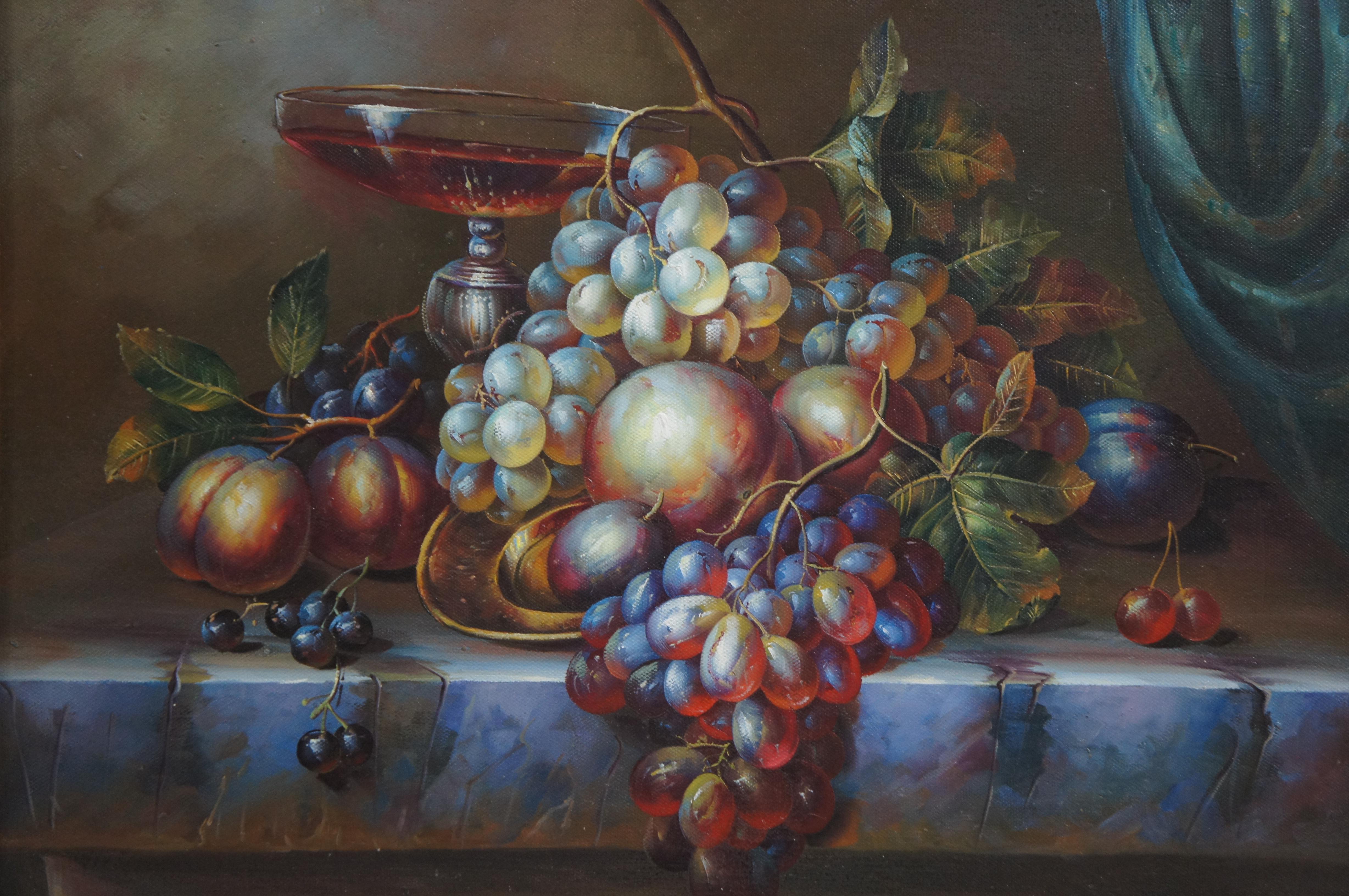Vintage Still Life Fruit Grapes Wine Oil Painting on Canvas Gold Frame 27