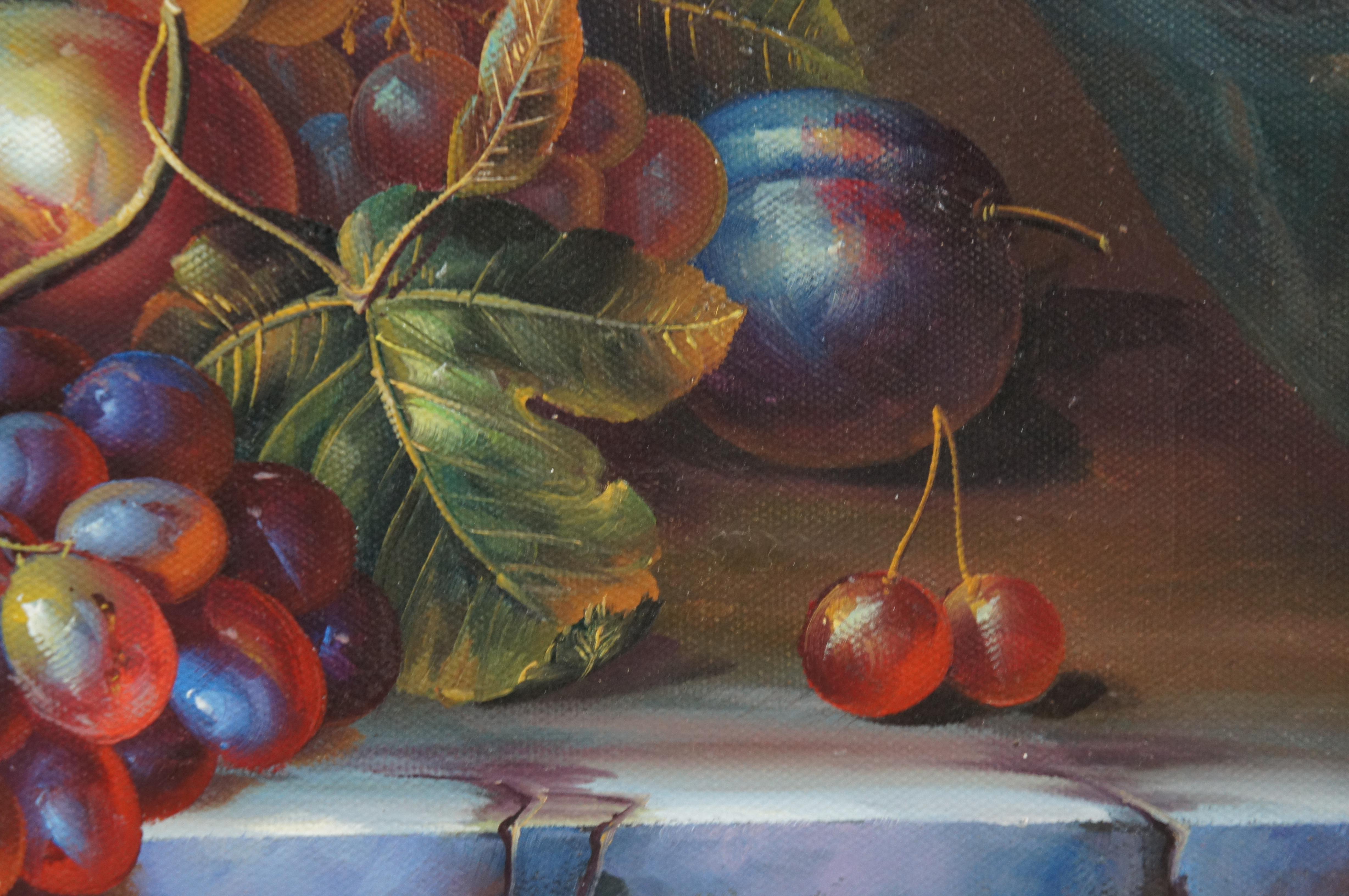 Vintage Bodegón Frutas Uvas Vino Pintura al óleo sobre lienzo Marco dorado 27