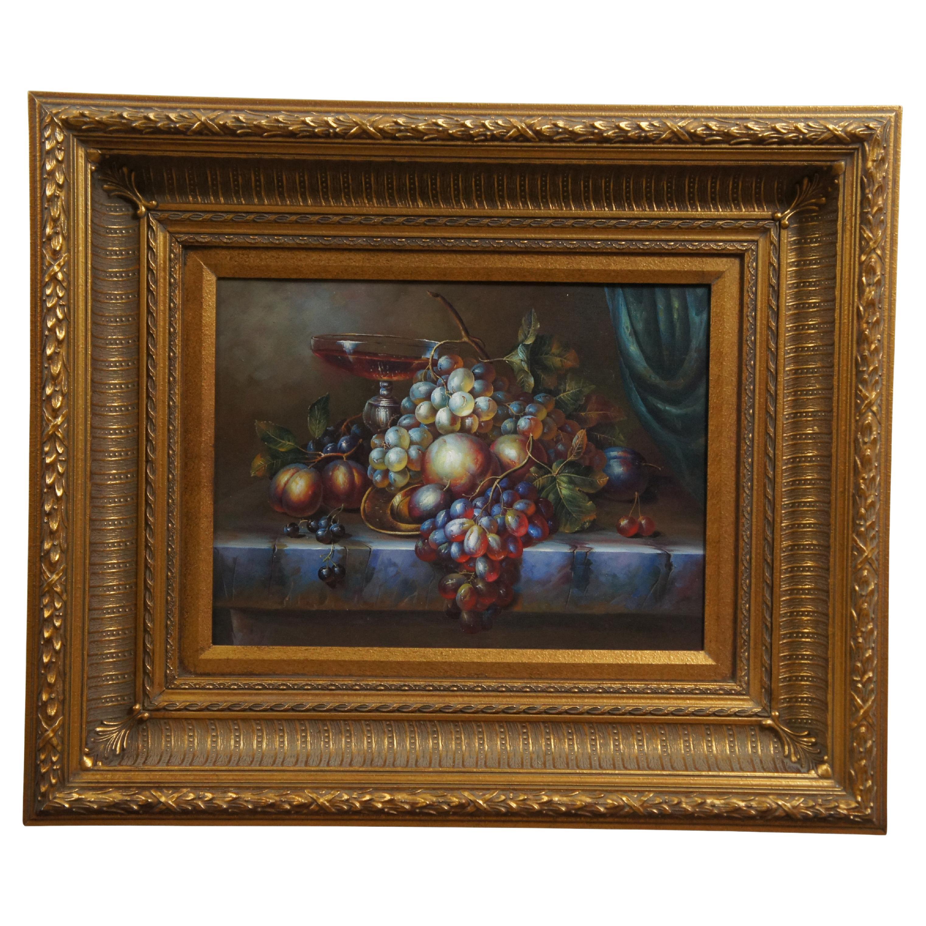Vintage Still Life Fruit Grapes Wine Oil Painting on Canvas Gold Frame 27" For Sale