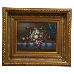 Retro Still Life Fruit Grapes Wine Oil Painting on Canvas Gold Frame 27"
