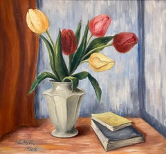 Vintage still life oil painting of tulip flowers in a classy vase and books