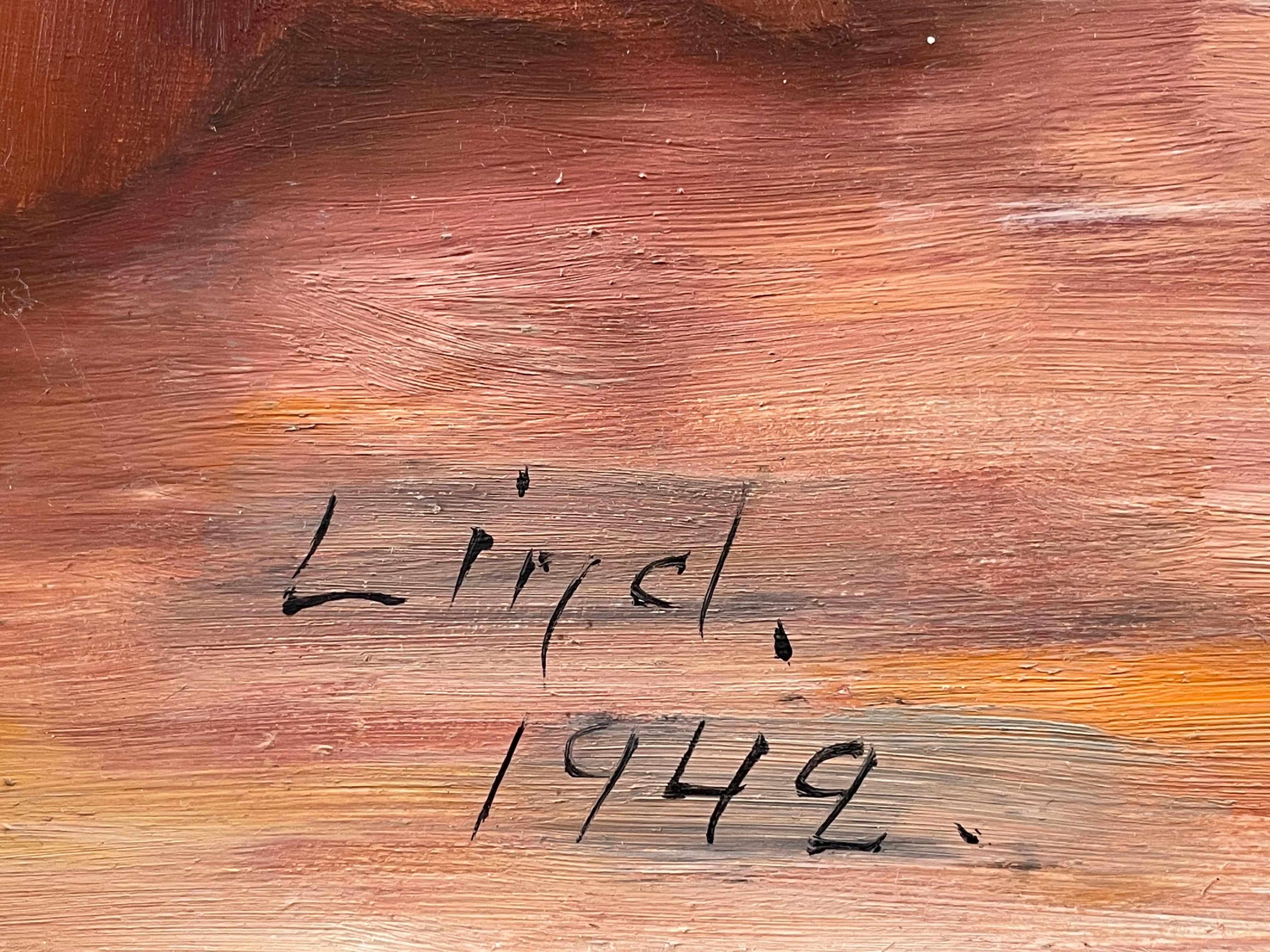 Vintage Stillleben Ölgemälde von Tulpenblüten in einer stilvollen Vase und Bücher (Farbe) im Angebot