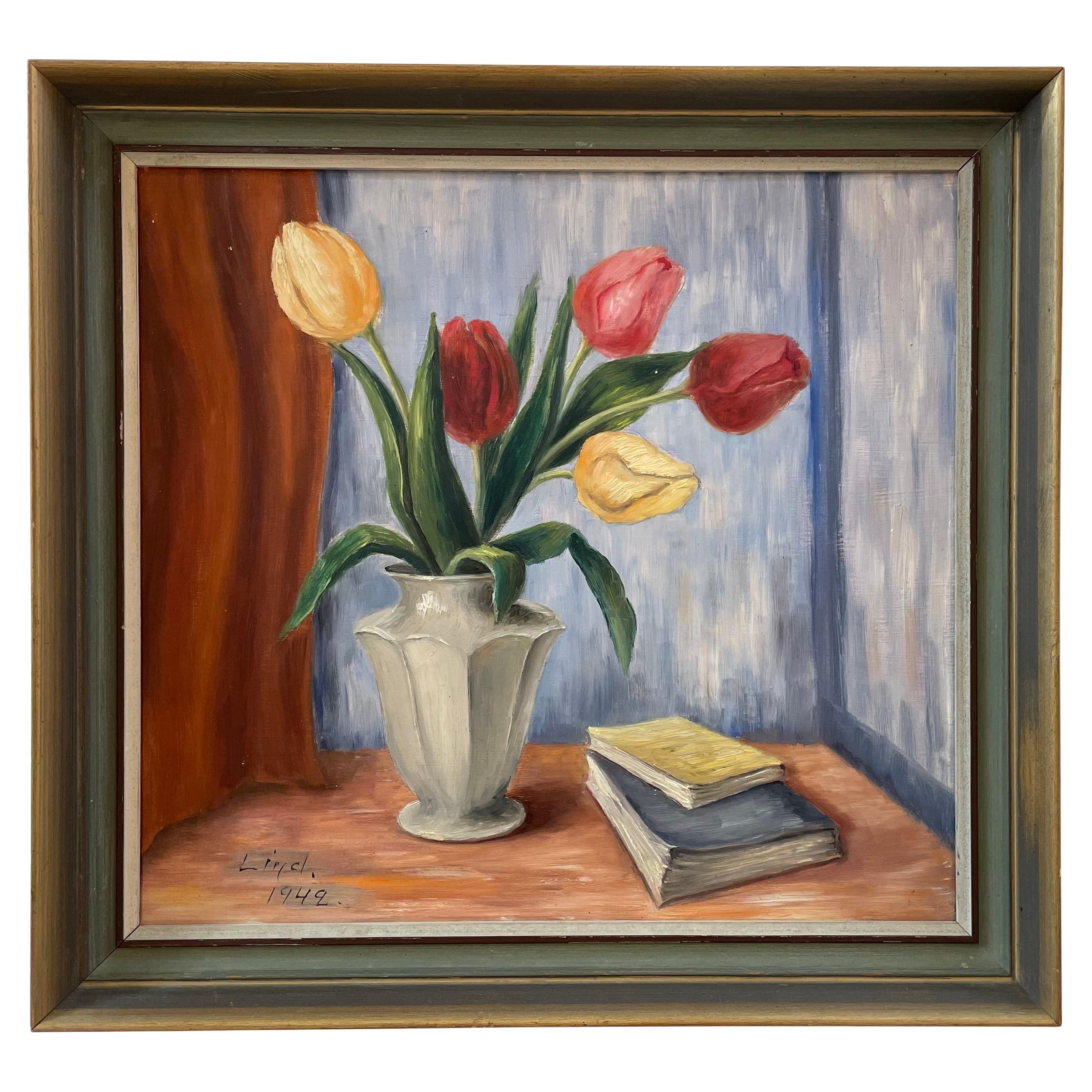 Nature morte vintage peinture à l
huile de fleurs de tulipes dans un vase de classe et des livres.
