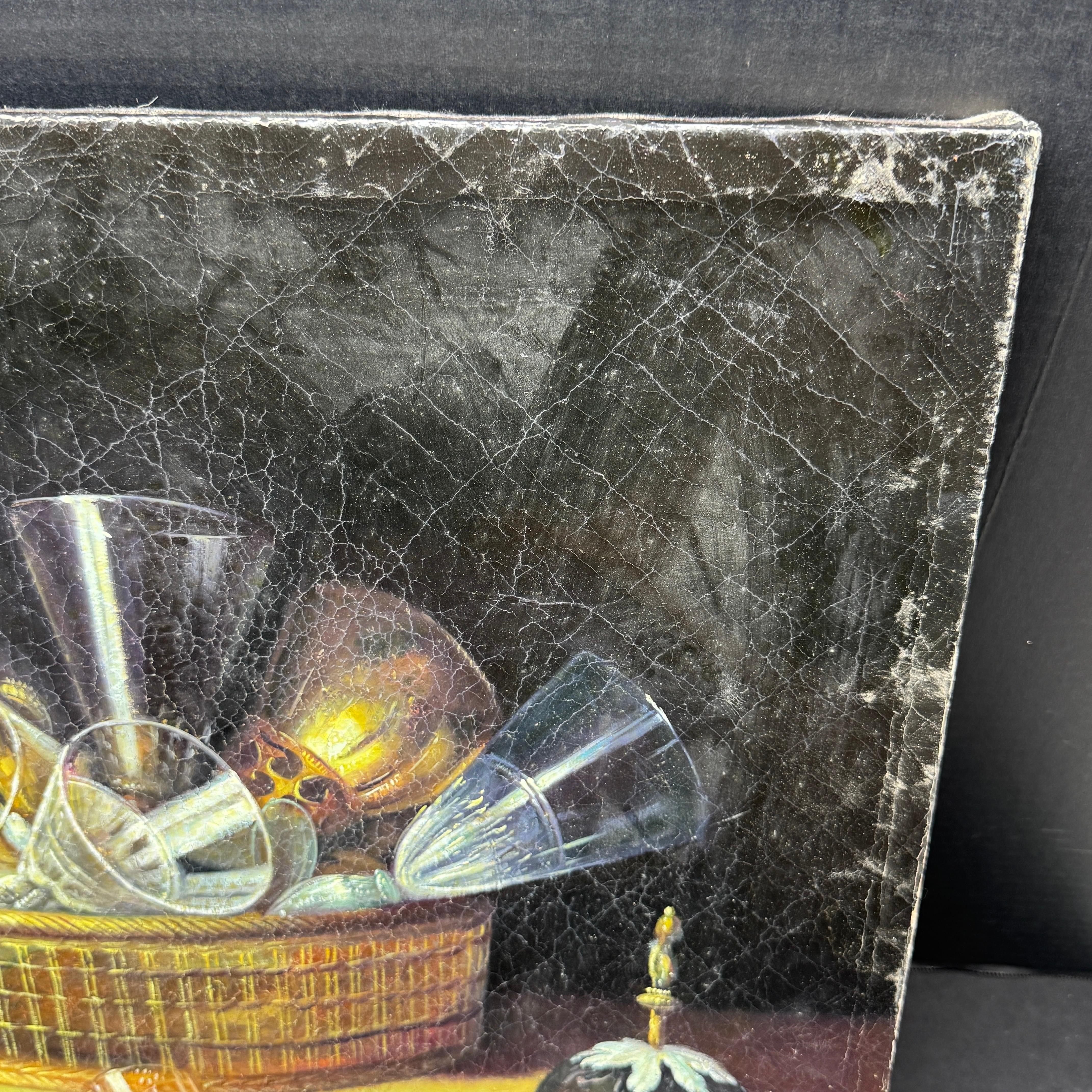 Vintage Still Life Oil Painting of Wine Glasses in Basket Sebastien Stoskopff For Sale 2