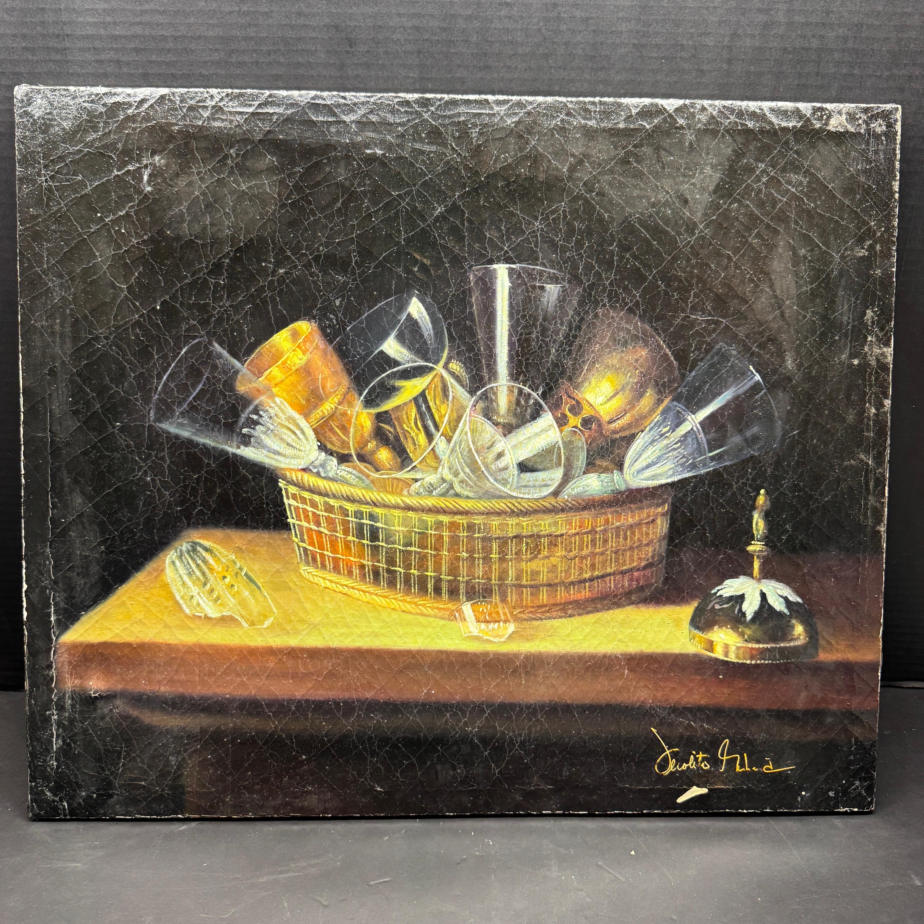 Vintage Still Life Oil Painting of Wine Glasses in Basket Sebastien Stoskopff For Sale 6