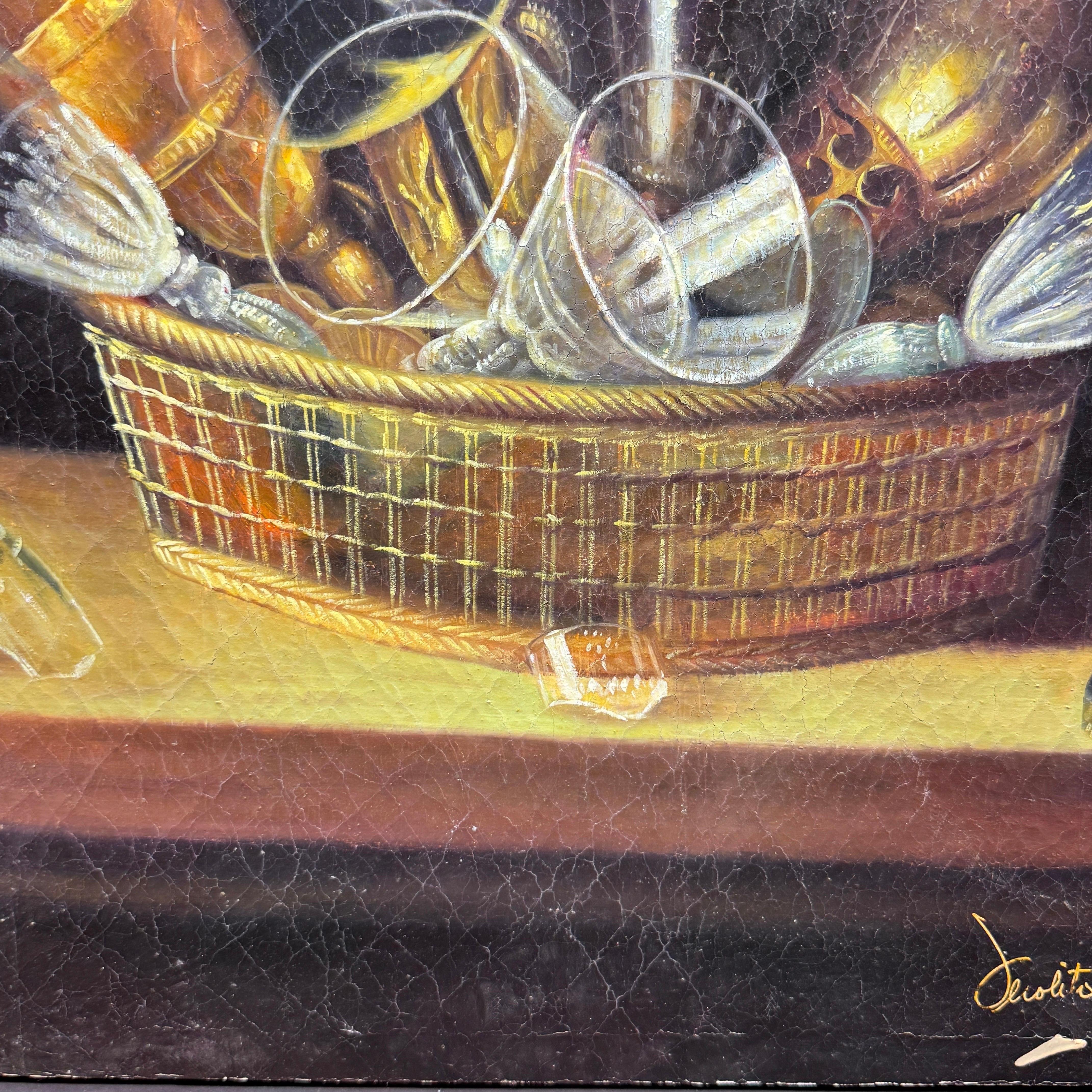 Vintage Still Life Oil Painting of Wine Glasses in Basket Sebastien Stoskopff For Sale 7