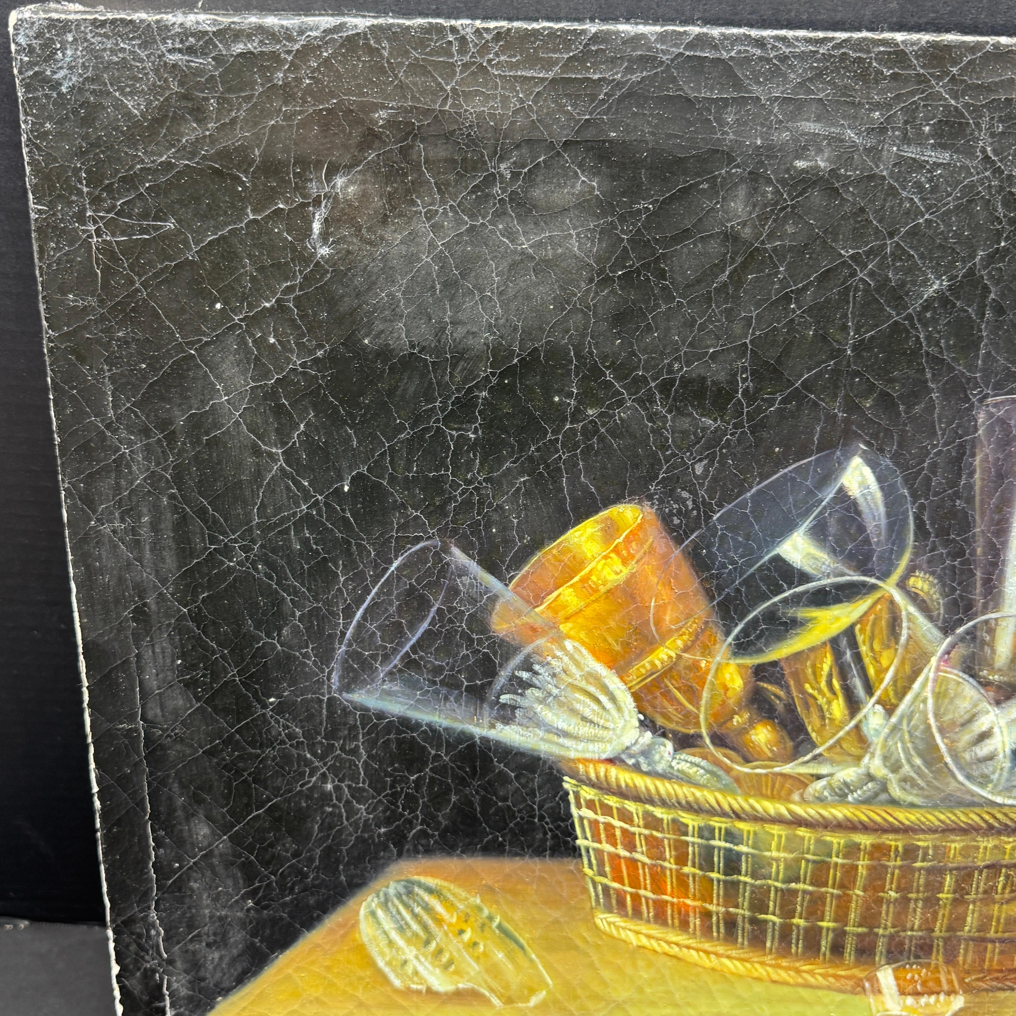 Vintage Still Life Oil Painting of Wine Glasses in Basket Sebastien Stoskopff For Sale 9