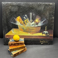 Vintage Still Life Oil Painting of Wine Glasses in Basket Sebastien Stoskopff