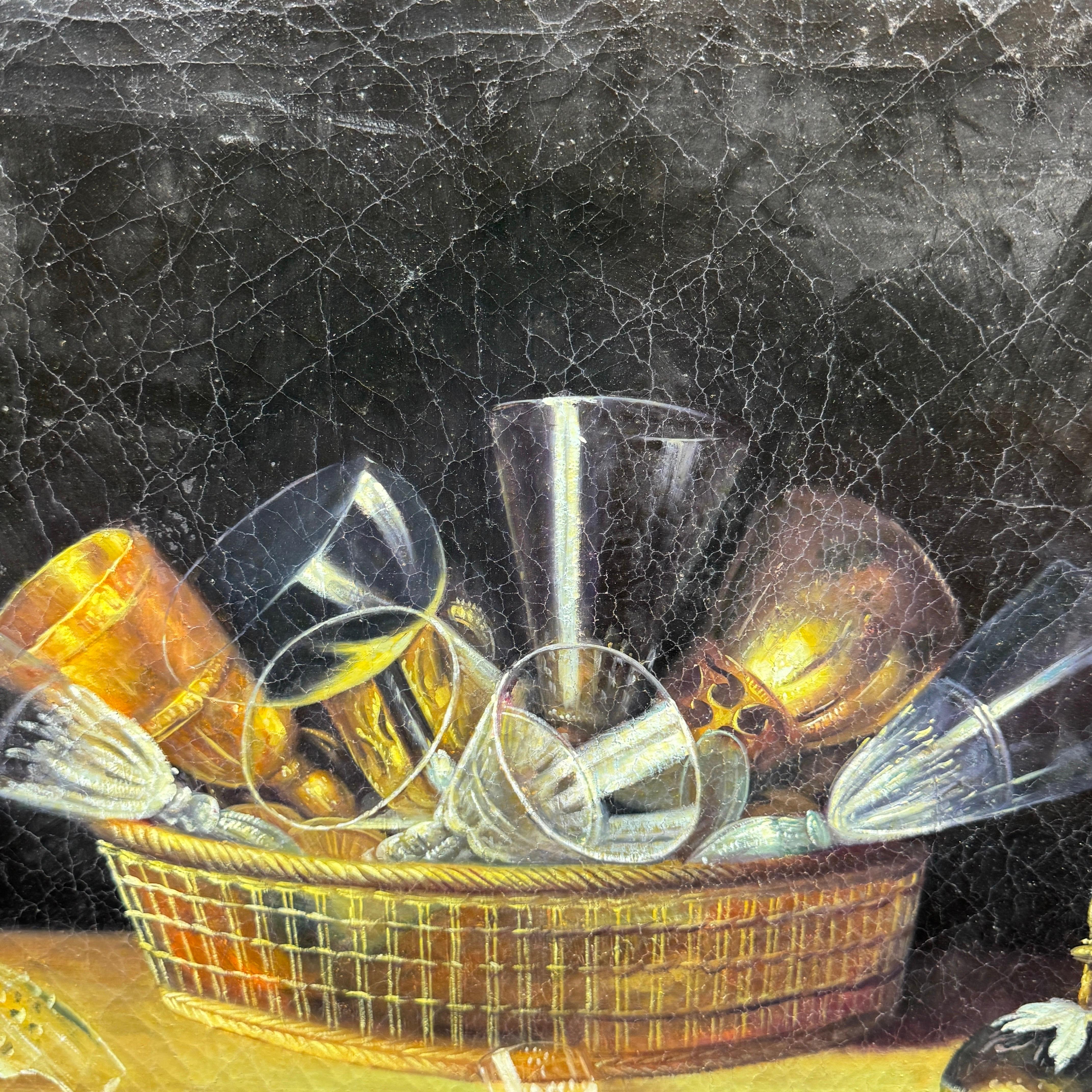 Baroque Vintage Still Life Oil Painting of Wine Glasses in Basket Sebastien Stoskopff For Sale