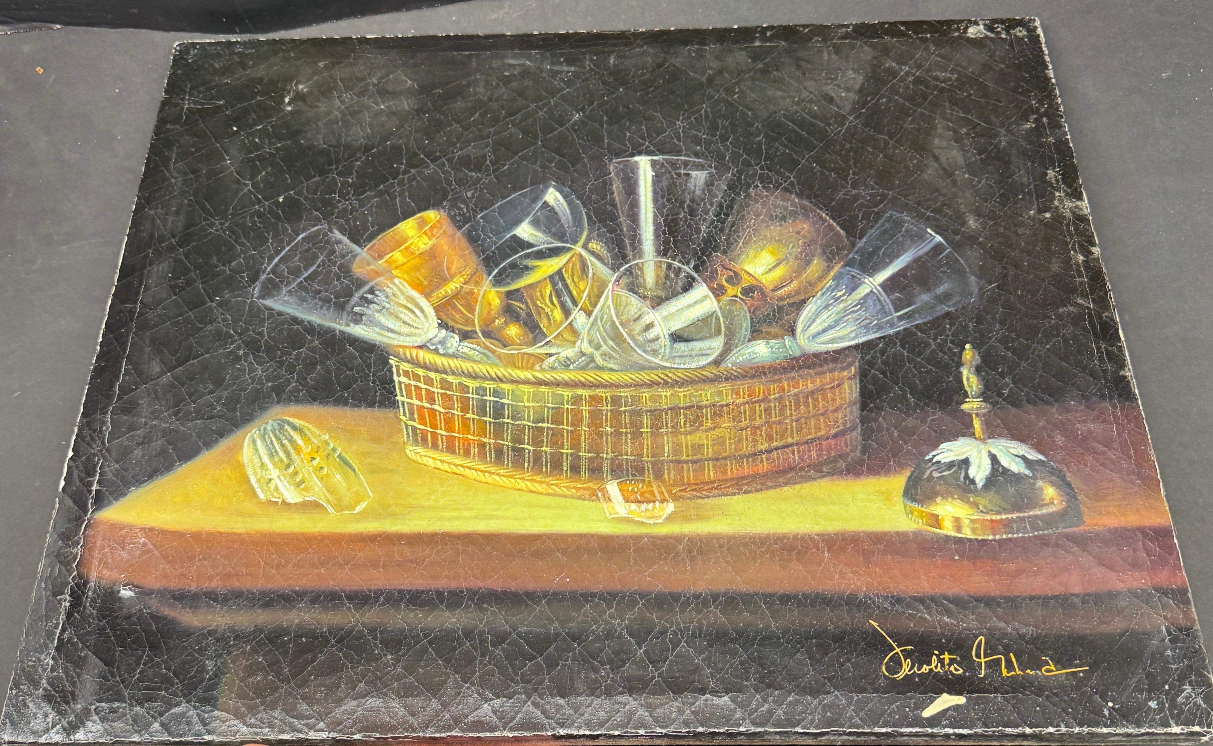 European Vintage Still Life Oil Painting of Wine Glasses in Basket Sebastien Stoskopff For Sale