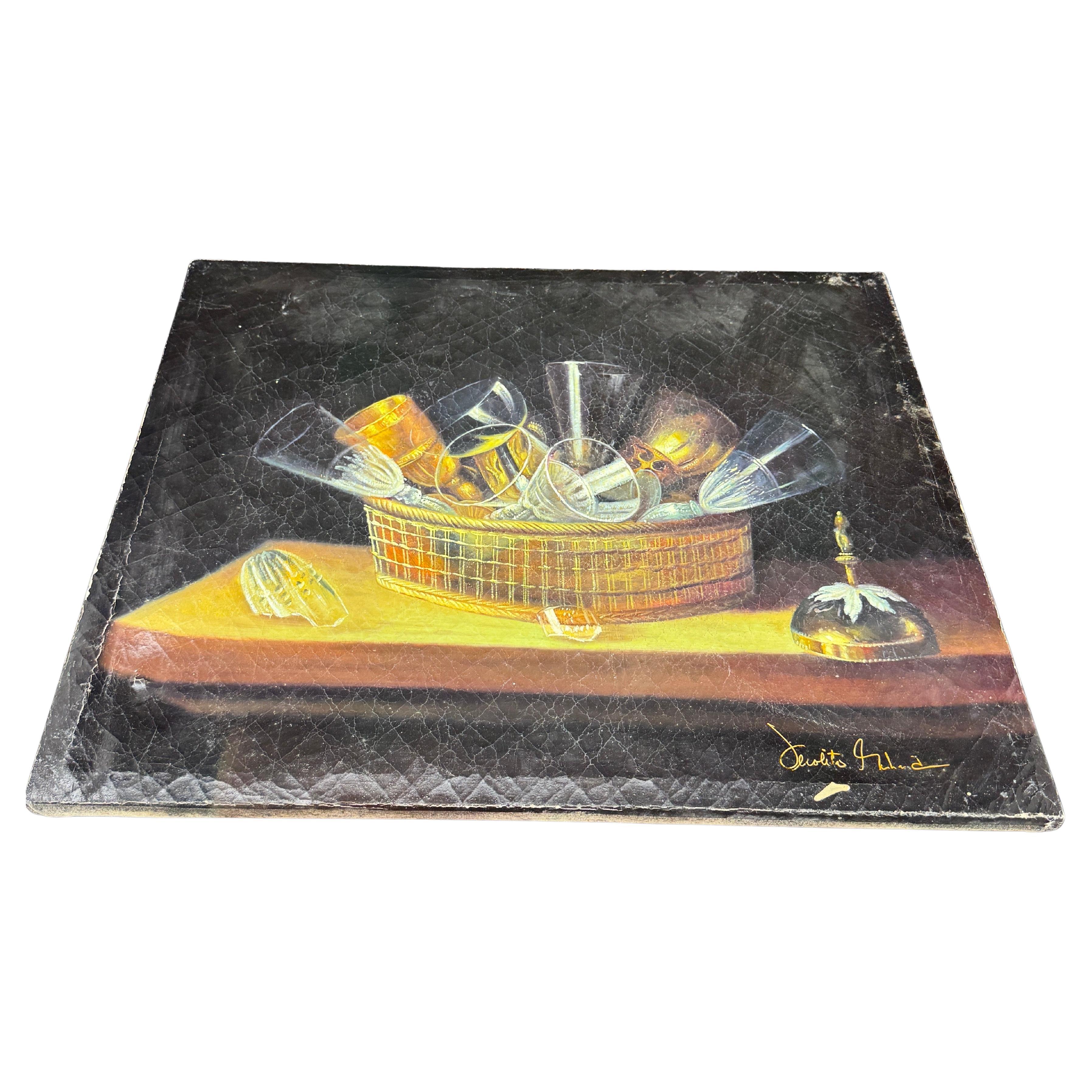 Hand-Crafted Vintage Still Life Oil Painting of Wine Glasses in Basket Sebastien Stoskopff For Sale