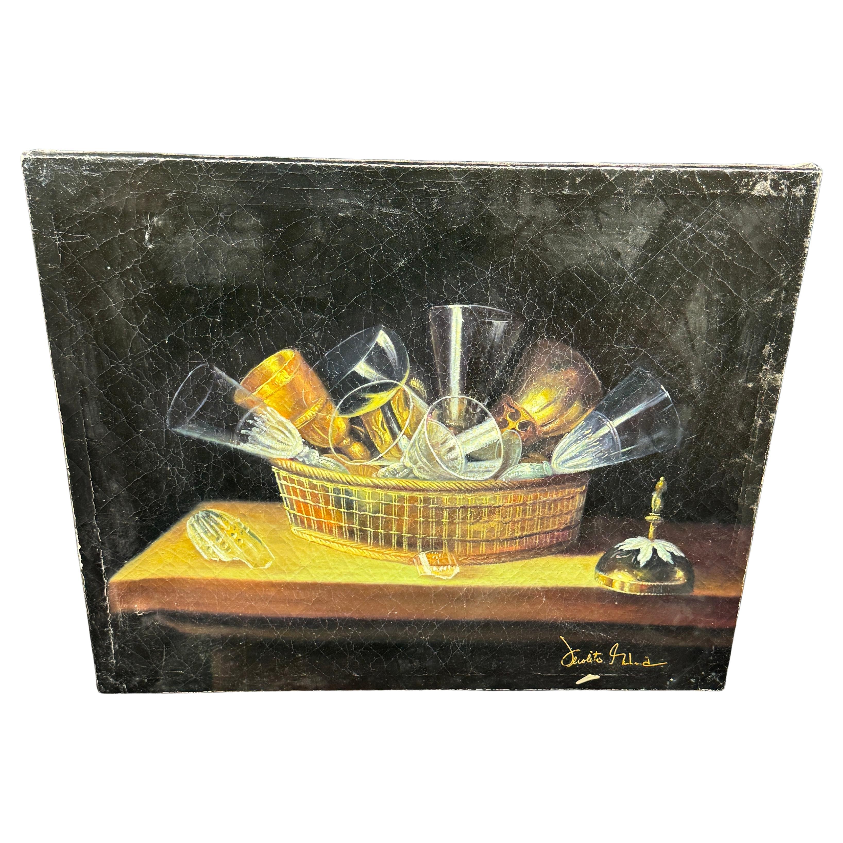 Vintage Still Life Oil Painting of Wine Glasses in Basket Sebastien Stoskopff For Sale