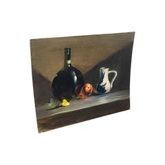 Dipinto a olio in stile vintage con bottiglia, brocca di ceramica e mela su tela