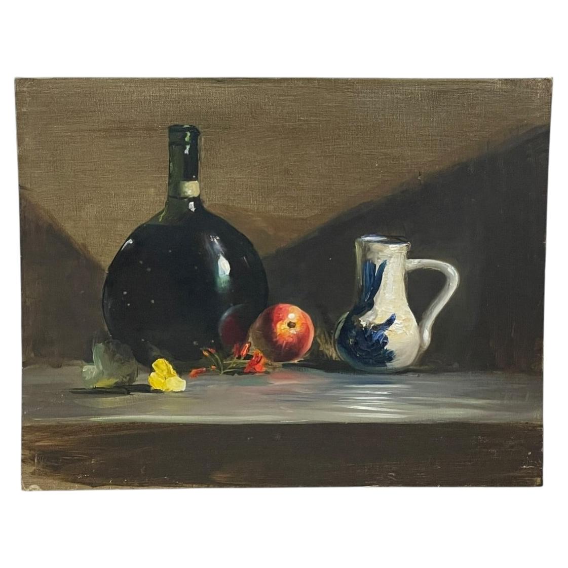 Vintage Still Life Oil Painting with Bottle, Ceramic Pitcher and Apple on Canvas