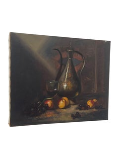 Vintage Still Life Oil Painting with Fruit and Wine Goblet on Canvas.