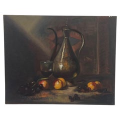 Vintage Still Life Oil Painting with Fruit and Wine Goblet on Canvas.