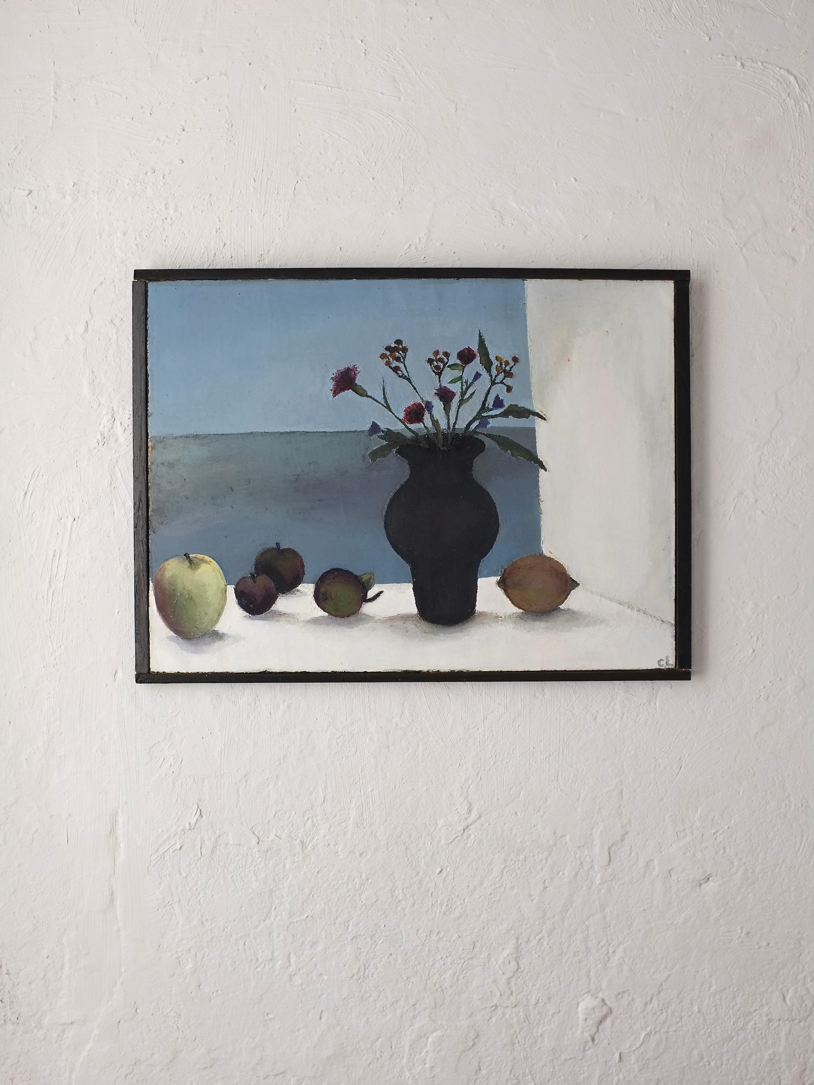 Vintage still life painting by Swedish artist Cecilia Larson (b.1956), oil on canvas. Rich structured oil paint surface.
Cecilia Larson lets the viewer see the landscape/reality through the window of art, visually represented as a window view or a
