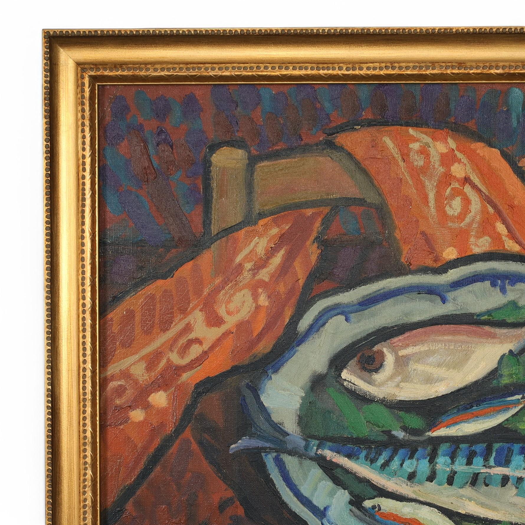 Striking mid century still life oil painting on canvas depicting fresh caught fish in a platter with lemons on a table executed in classic impressionist style with a bold palette, signed H Reboa in the lower right and presented in a gilt wood frame. 