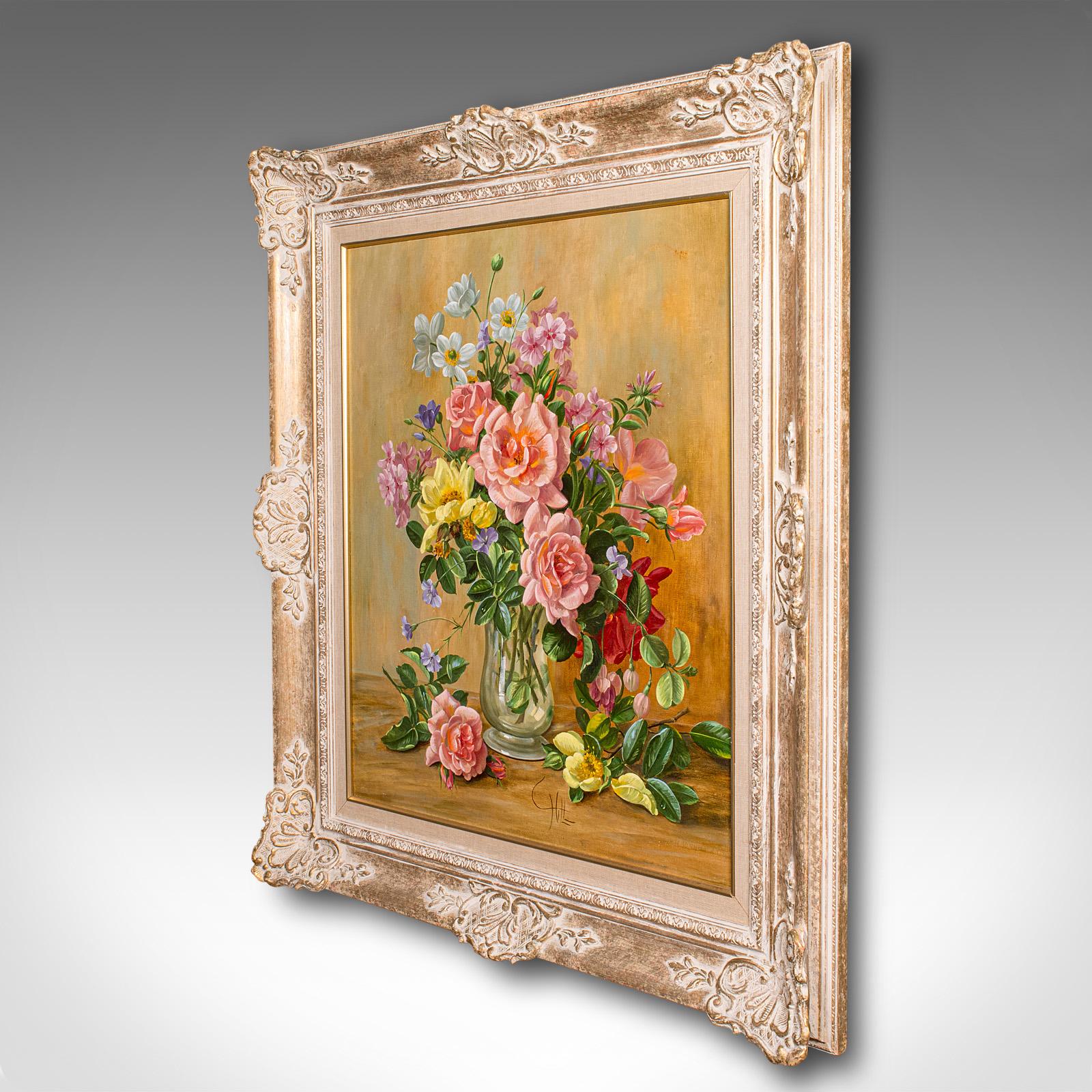 Mid-Century Modern Vintage Still Life Painting, English, Oil on Board, Flowers, Art, Charles Hill For Sale