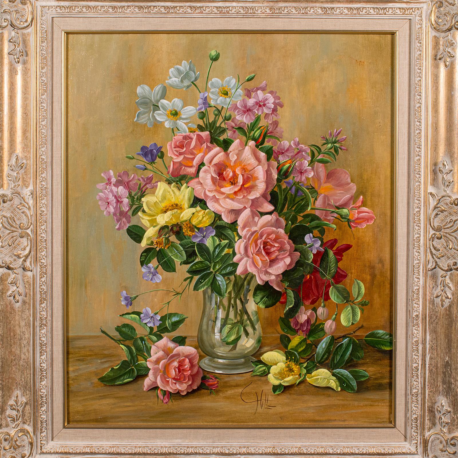 British Vintage Still Life Painting, English, Oil on Board, Flowers, Art, Charles Hill For Sale