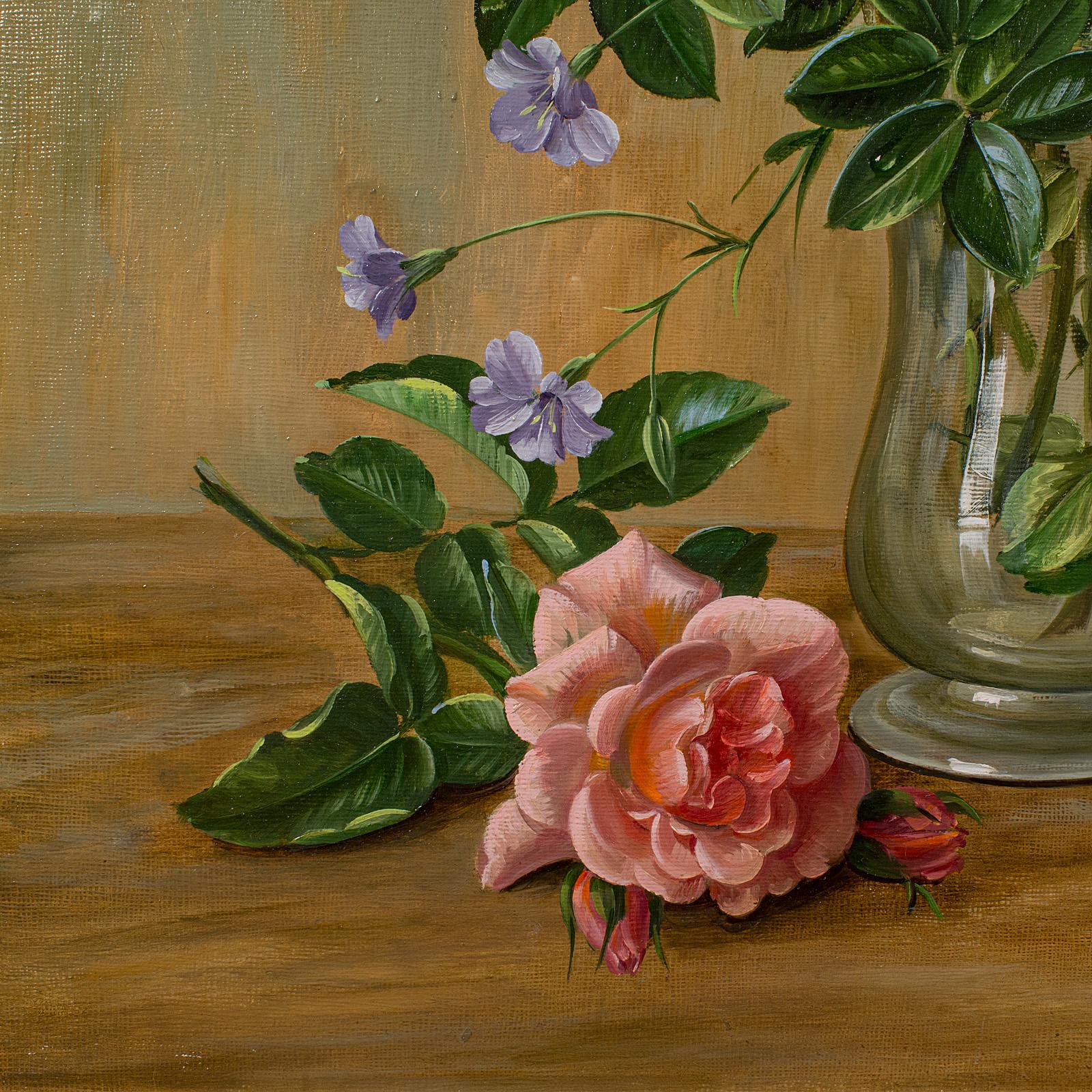 Vintage Still Life Painting, English, Oil on Board, Flowers, Art, Charles Hill For Sale 2