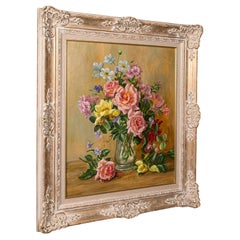 Vintage Still Life Painting, English, Oil on Board, Flowers, Art, Charles Hill