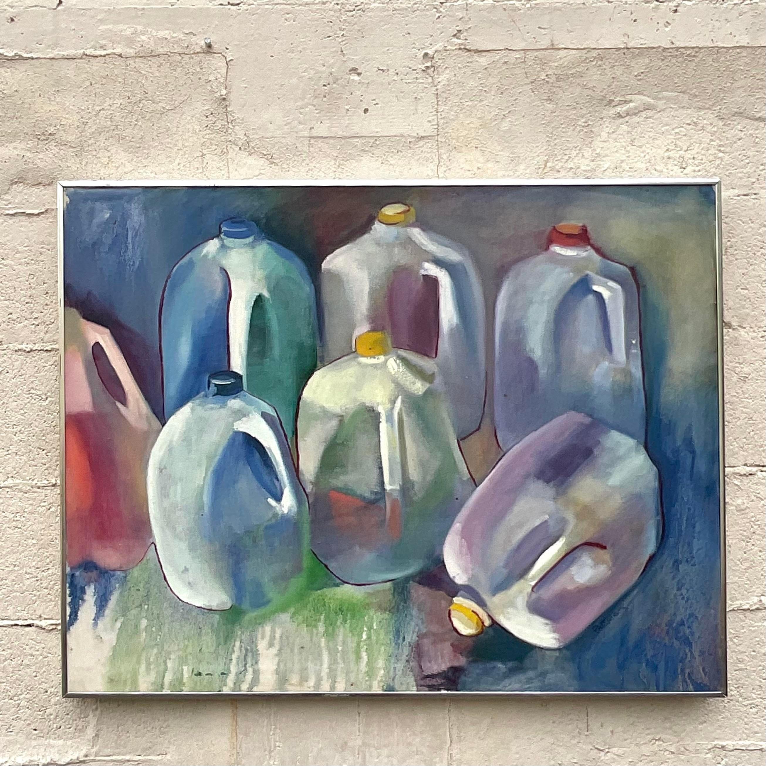 A fabulous vintage still life painting of milk gallons in a variety of vibrant colors. Acquired at a Palm Beach estate. 