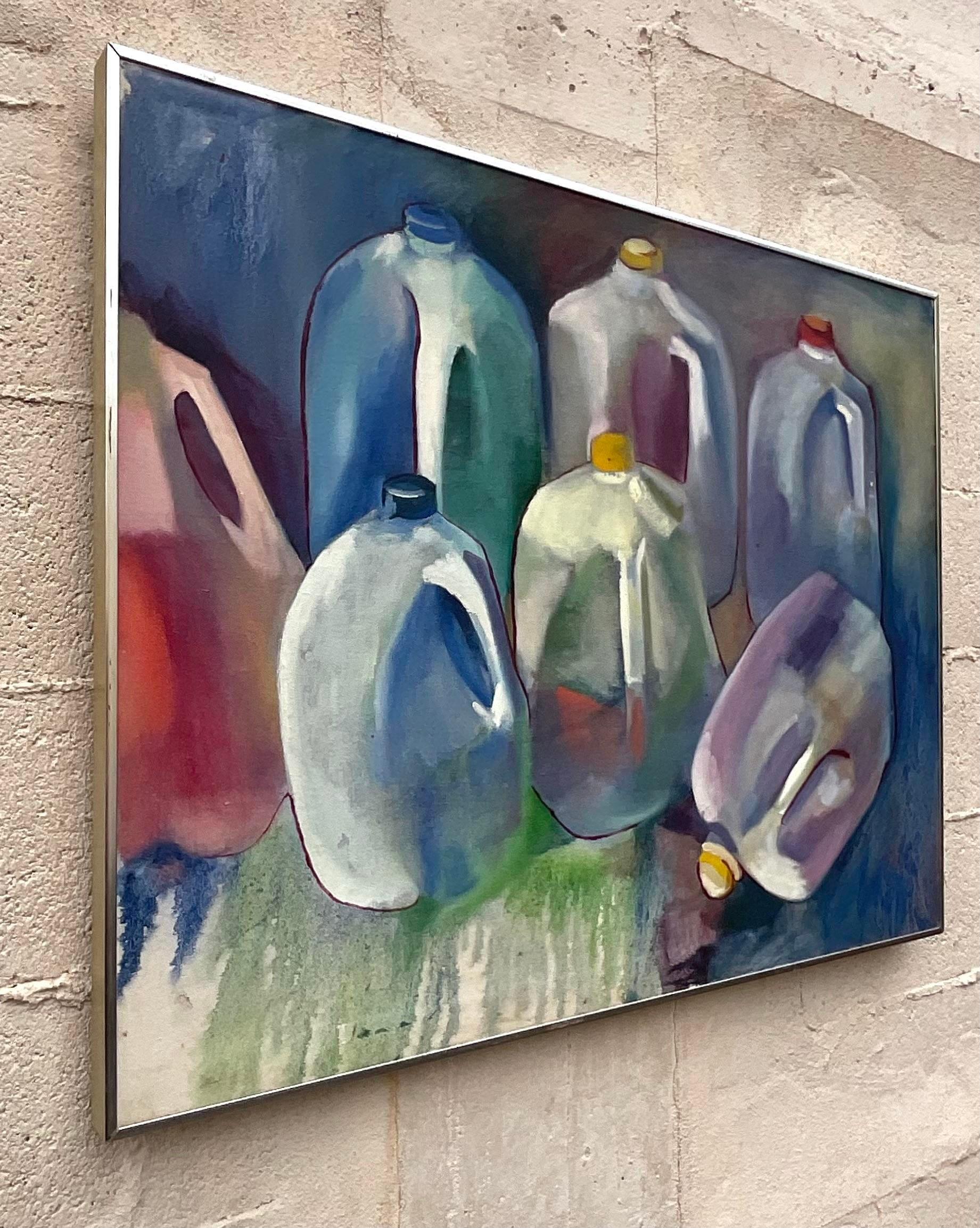 Vintage Still Life Painting of Milk Gallons- Signed In Good Condition For Sale In west palm beach, FL